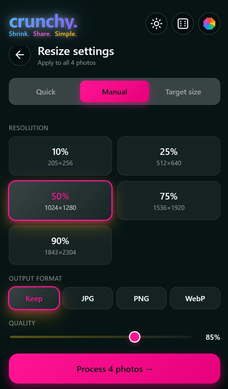 Manual resize settings screen with 50% selected