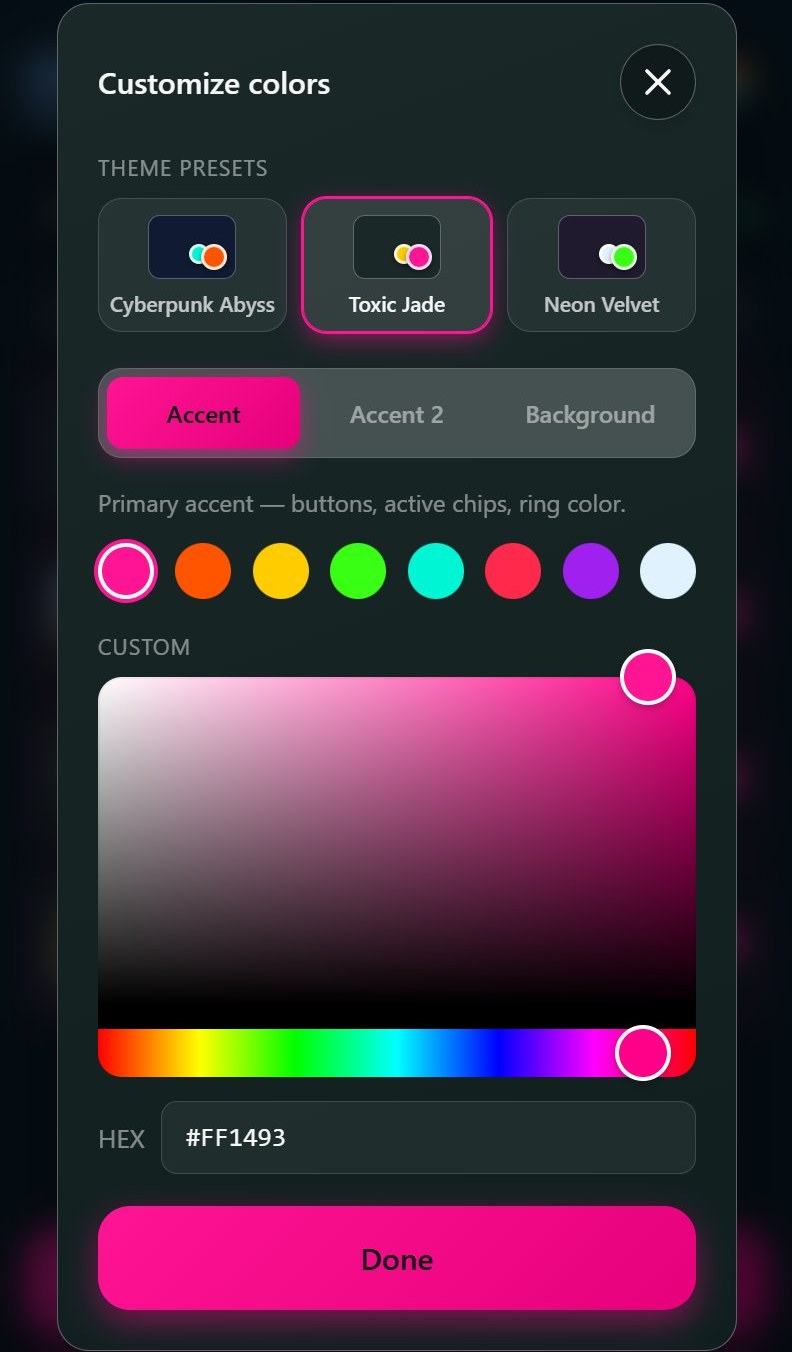 Color customization modal with theme presets and HEX picker